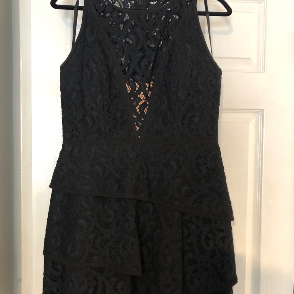 BCBG Navy and Black Lace Cocktail Dress w/ pleats